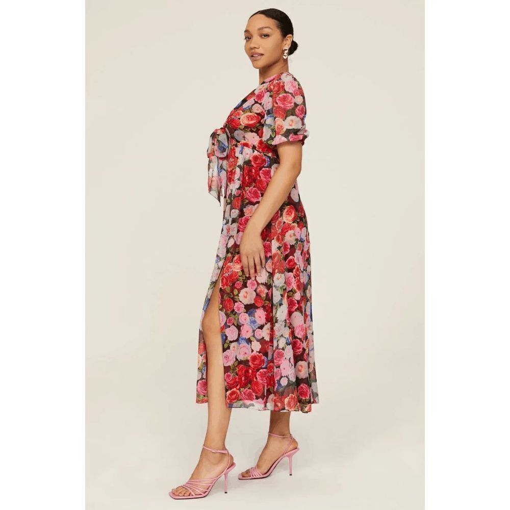 Ieena For Mac Duggal Floral Print Puff Sleeve Side Slit Maxi Dress Red Size 6 - Picture 2 of 12